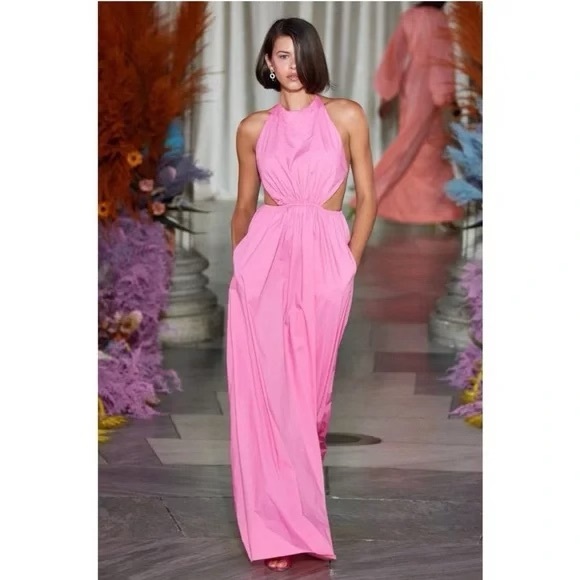 STAUD Apfel Maxi Pink Halter Open Back Lightweight Cotton Maxi Dress w/ Pockets - Picture 3 of 13